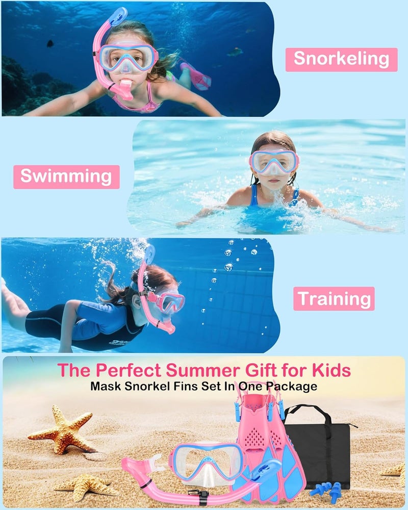 FosDero Kids Snorkel Set Mask Fins-Panoramic Snorkel Mask+Dry Top Snorkel+Adjustable Swim Fins+Mesh Bag+Earplugs for Boys Girls, Junior Snorkeling Gear for Kids Ages 5-14 - Image 2